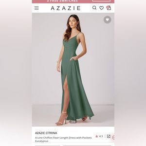 Azazie Citrina Chiffon Full Length Dress w/ pockets. Eucalyptus Green. Size 12